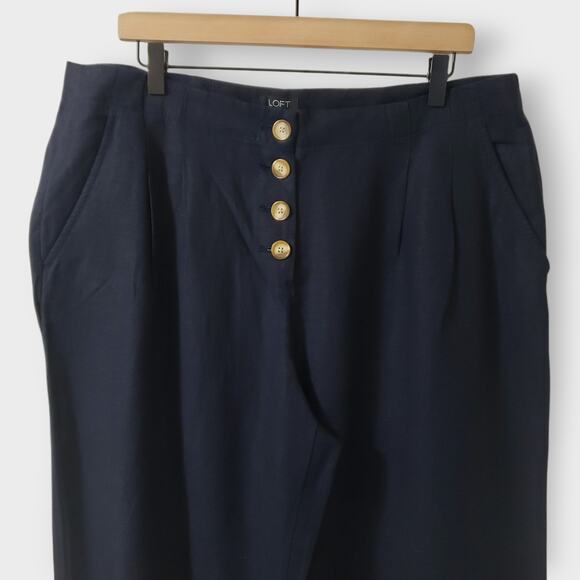 Loft Linen Blend Button Front Wide Leg Crop Pants High Rise Navy Blue Large - Picture 2 of 12